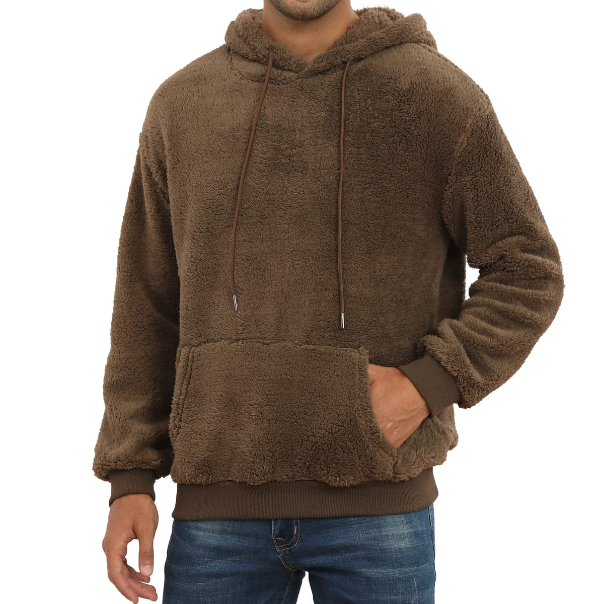 PEGENO Mens Fuzzy Sherpa Hoodie Pullover Sweatshirts Loose Cozy Pocket Long Sleeve Winter Hooded Outwear