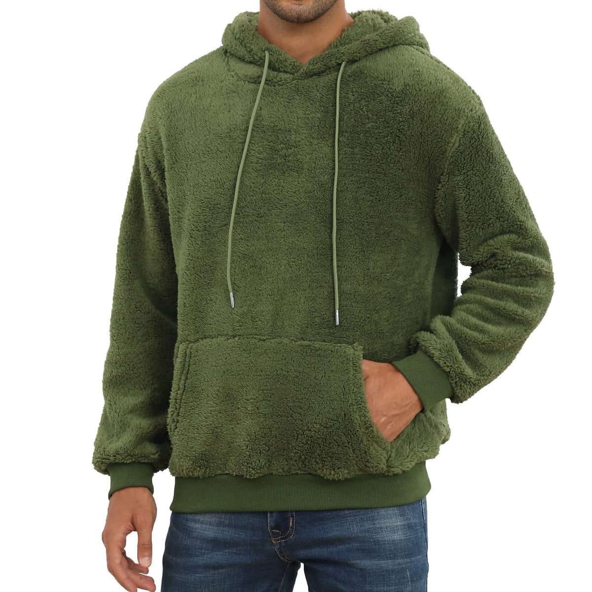 PEGENO Mens Fuzzy Sherpa Hoodie Pullover Sweatshirts Loose Cozy Pocket Long Sleeve Winter Hooded Outwear
