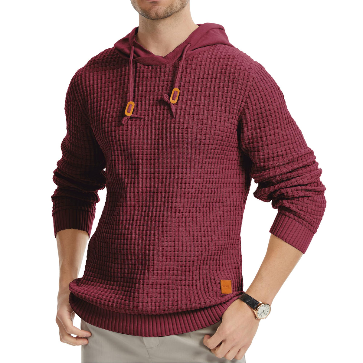 Mens Hooded Sweatshirt Casual Long Sleeve Drawstring Solid Knitted Hoodie Pullover Sweater