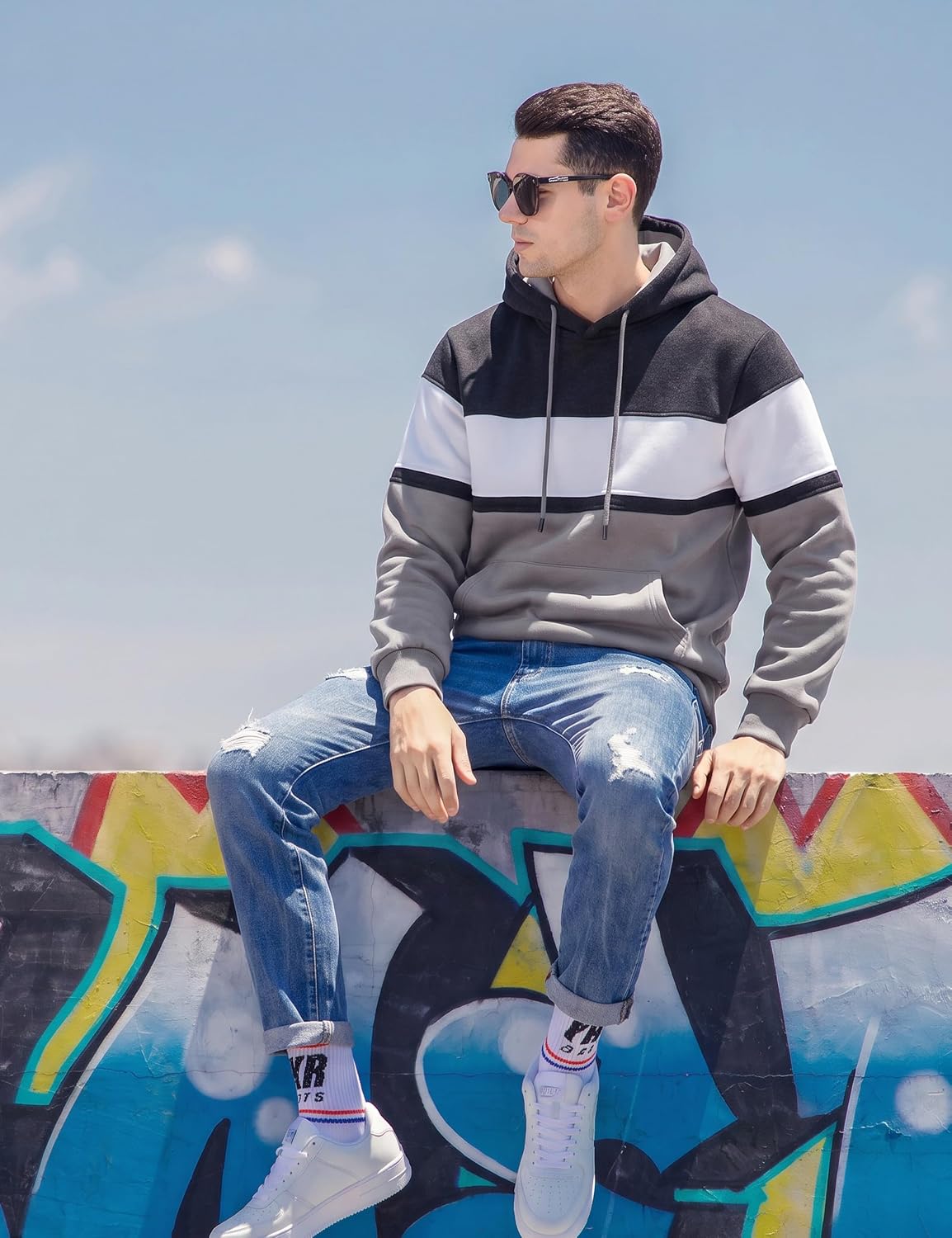 Mens Classic Color Block Hoodie Pullover Casual Fleece Sweatshirt