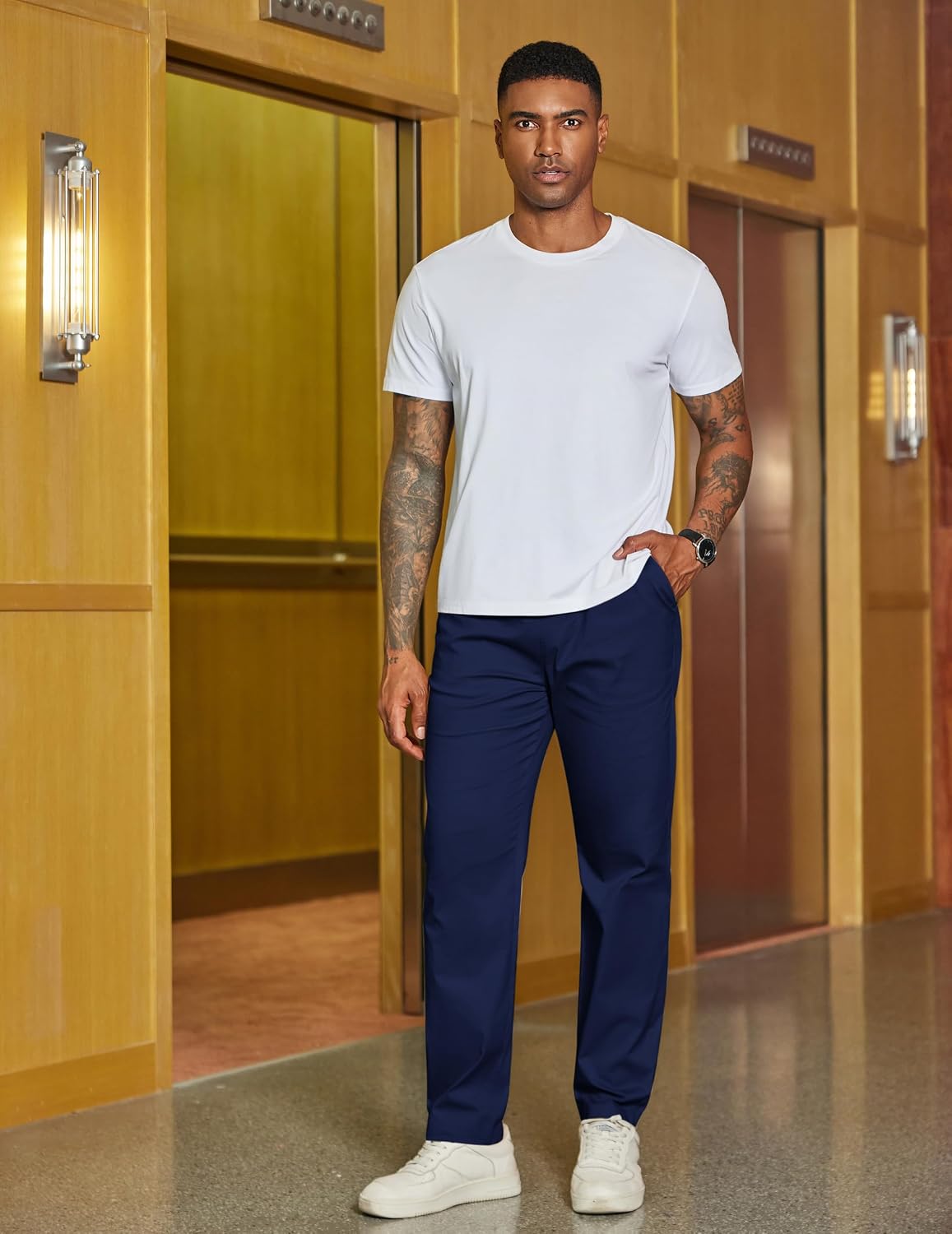 COOFANDY Men's Casual Pants Drawstring Elastic Waist Chino Pants Straight Leg Slacks Cotton Twill Trousers with Pockets