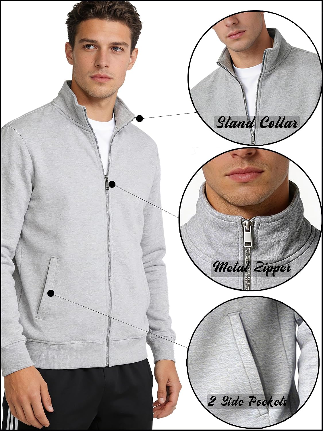 Mens Zip Up Sweatshirt No Hood Mock Neck Sweatshirts Men's Fleece Jackets Full Zip Lightweight Jacket Seam Pocket
