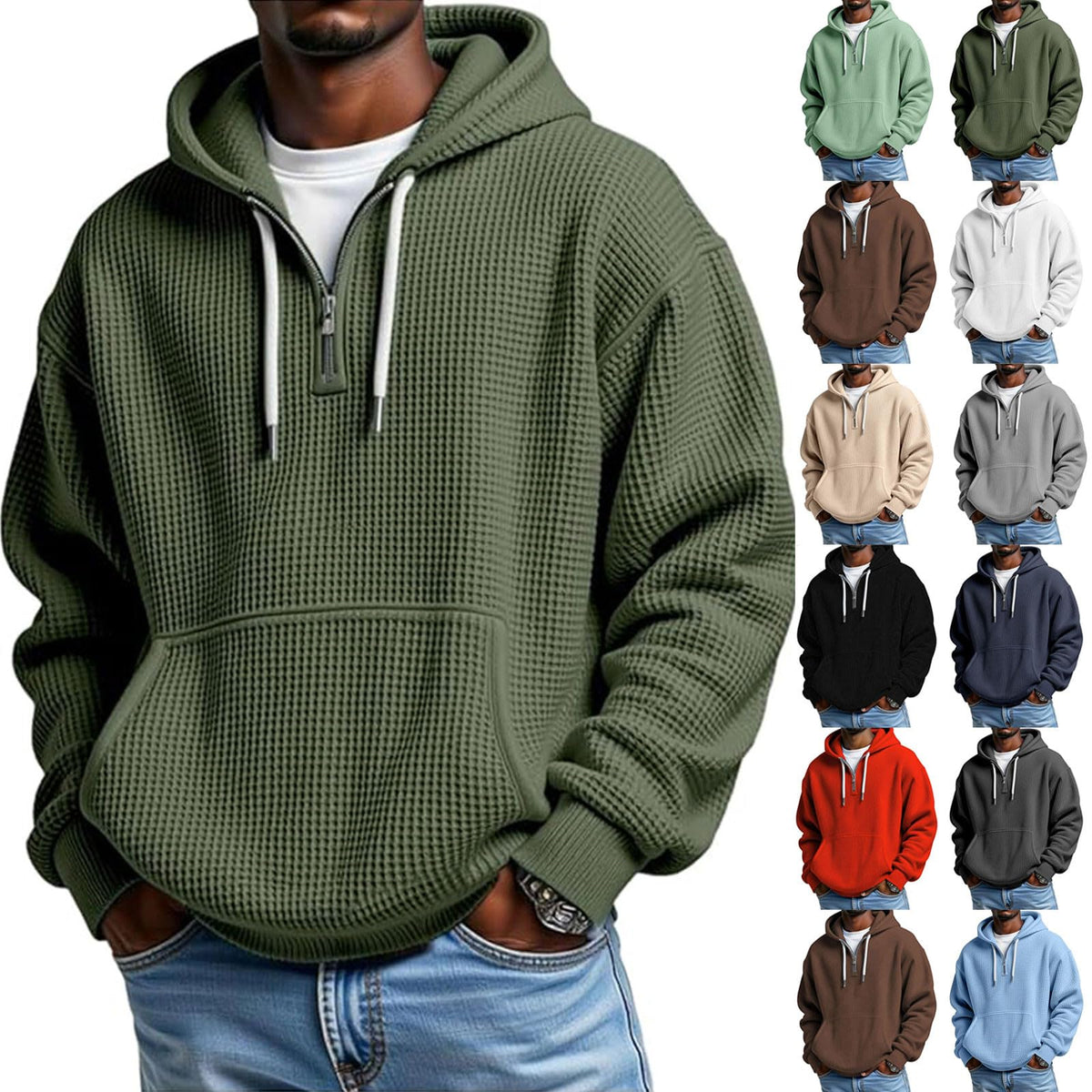 Hoodies for Men Waffle Quarter Zip Pullover Oversized Sweatshirt