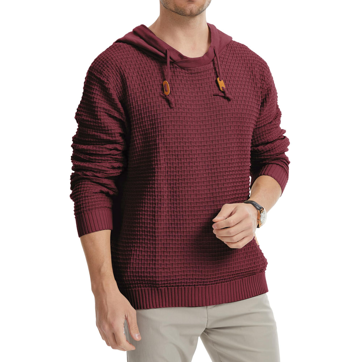 Mens Hooded Sweatshirt Casual Long Sleeve Drawstring Solid Knitted Hoodie Pullover Sweater