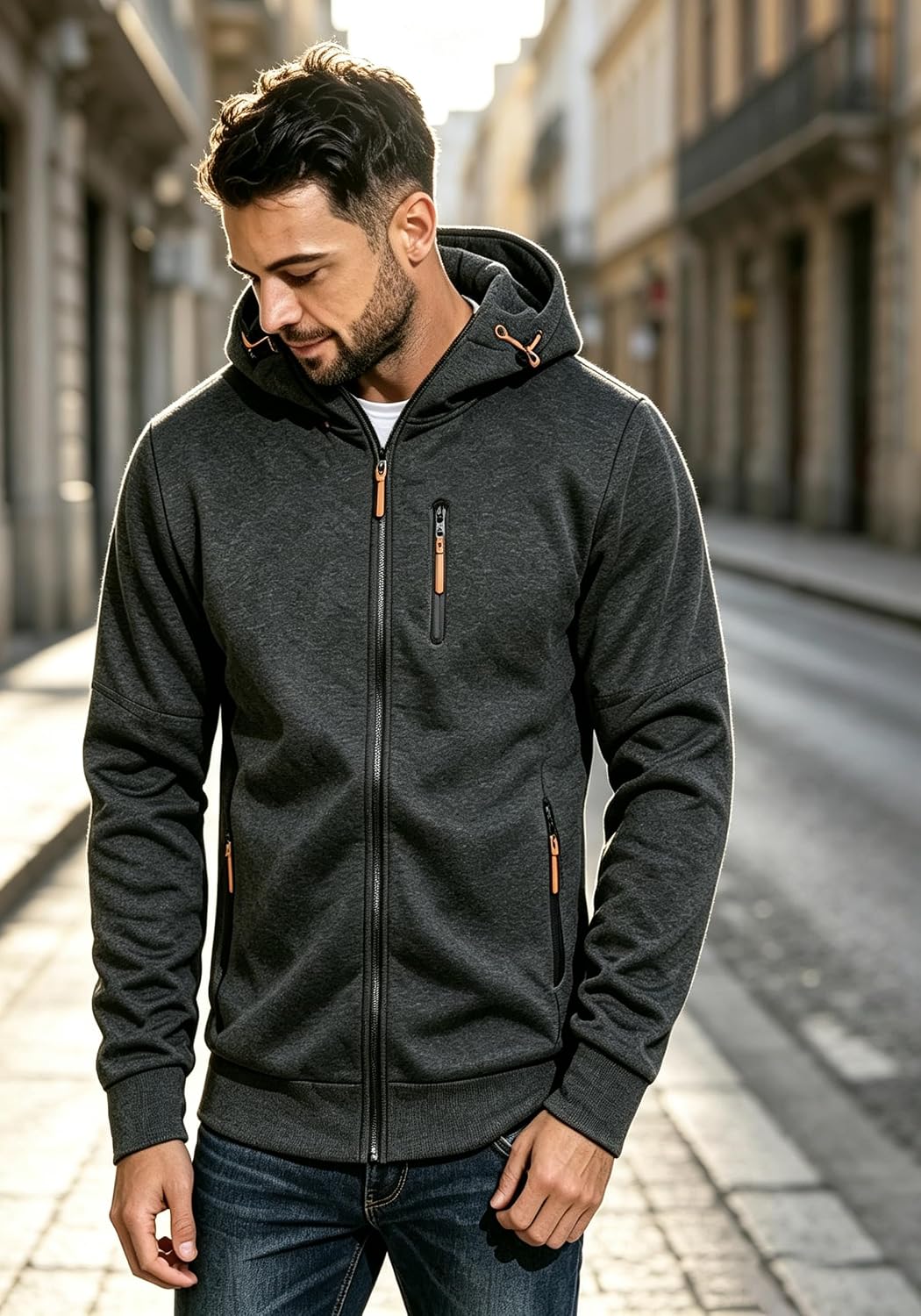 Men Hoodies Casual Hoodies for Men with Zip Pockets Full Zip Long Sleeve Sweatshirt Sports Hooded Jacket