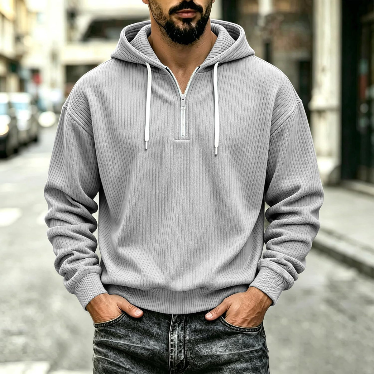 Corduroy Hoodies for Men Quarter Zip Pullover Sweatshirt