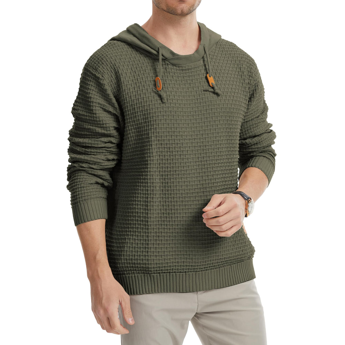 Mens Hooded Sweatshirt Casual Long Sleeve Drawstring Solid Knitted Hoodie Pullover Sweater