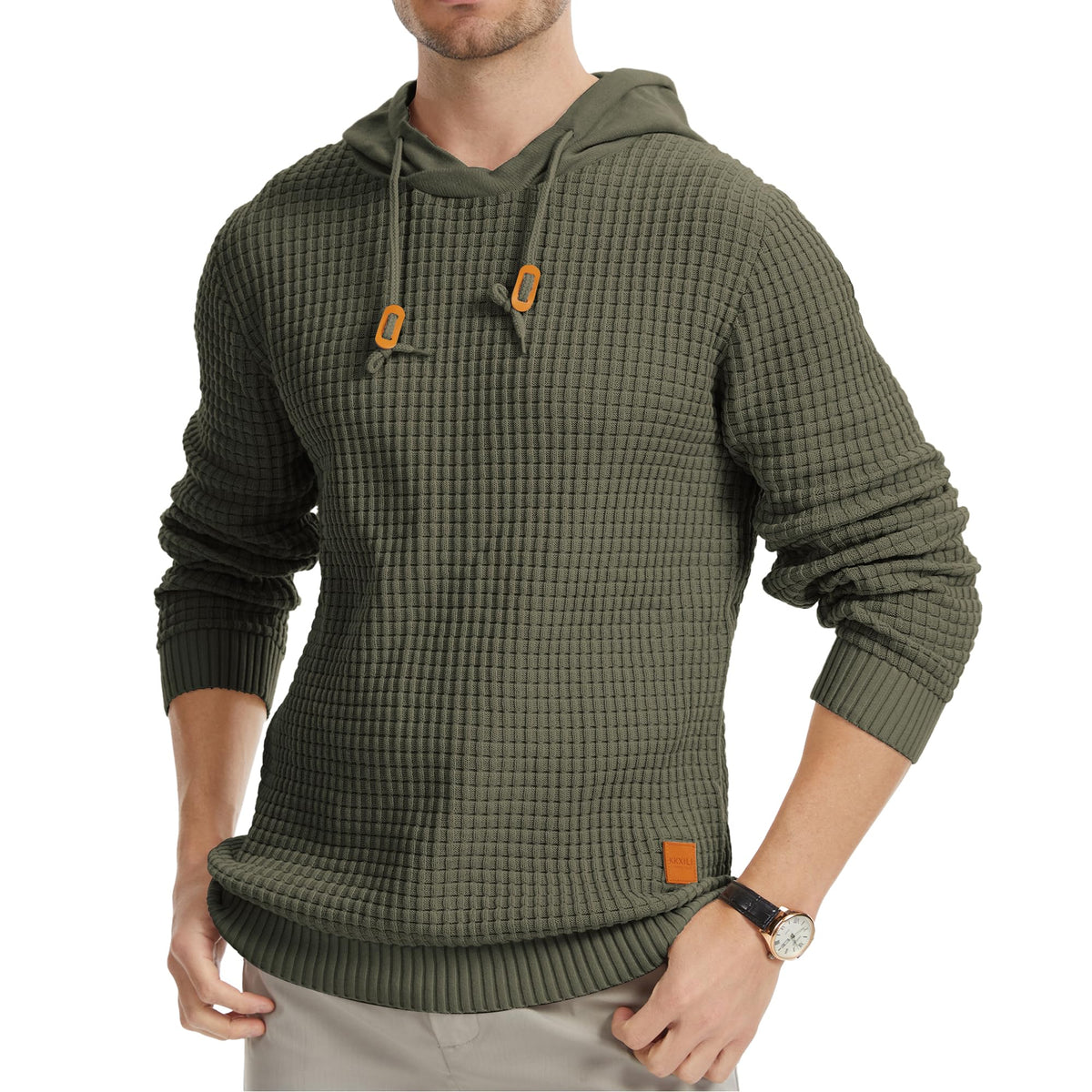 Mens Hooded Sweatshirt Casual Long Sleeve Drawstring Solid Knitted Hoodie Pullover Sweater