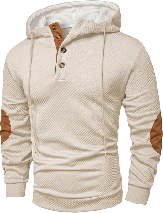JMIERR Men's Cotton Textured Vintage Quarter-Button Casual Henley Hoodie