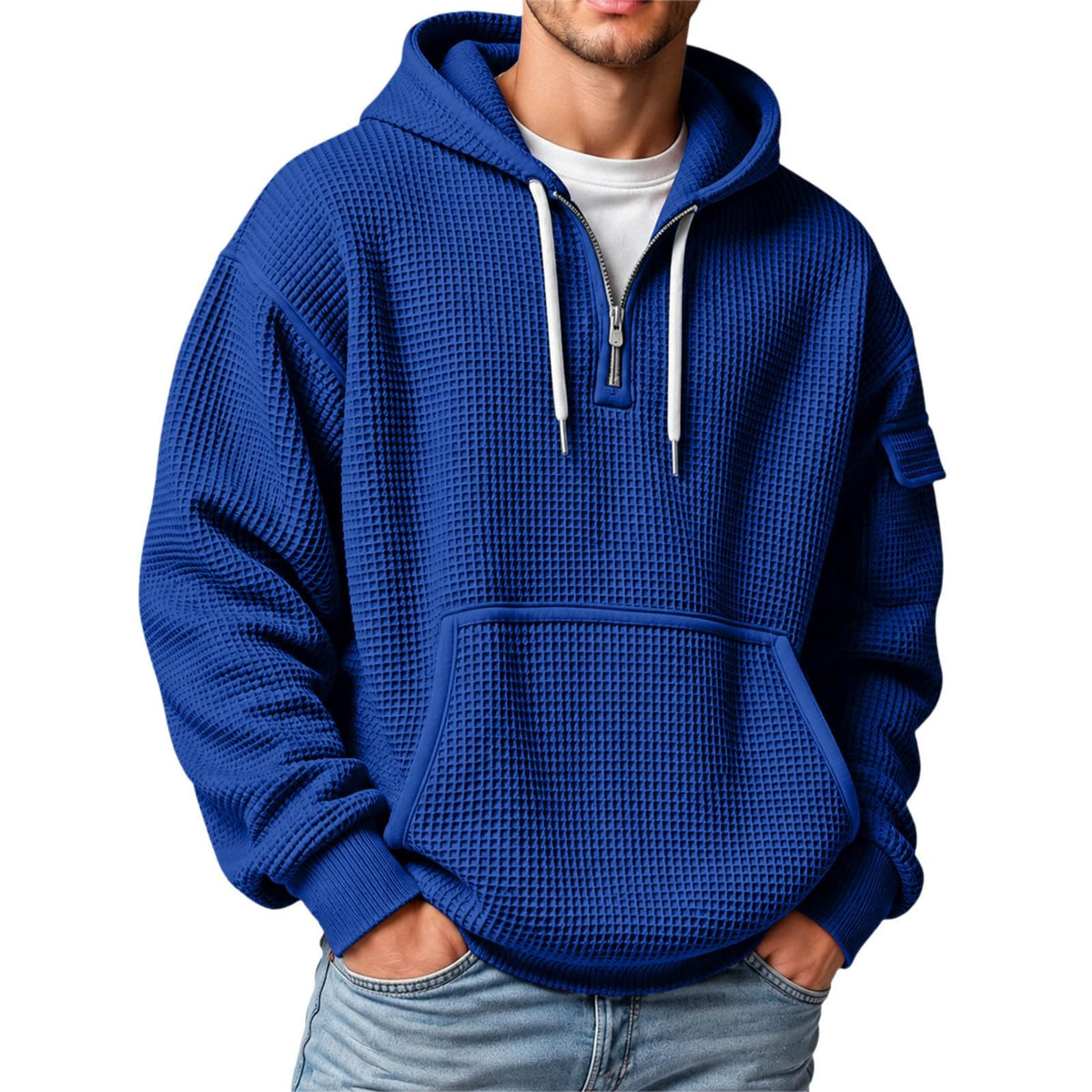 XS-5XL Men's Quarter Zip Hoodies Waffle Knit Pullover Long Sleeve Casual Sweatshirt Loose Fit Tops with Pockets