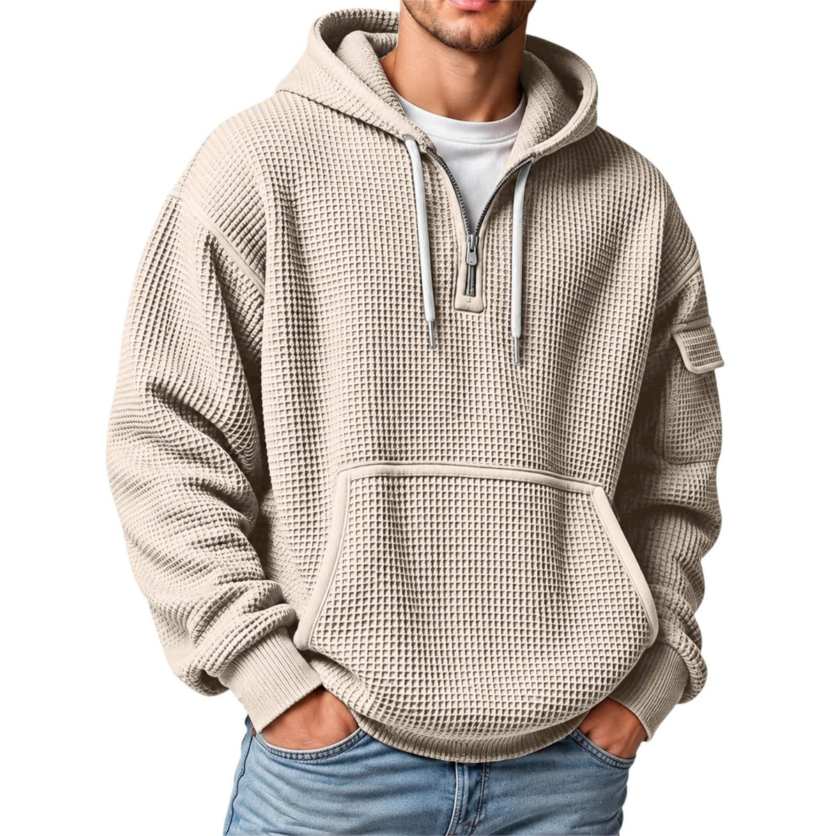 XS-5XL Men's Quarter Zip Hoodies Waffle Knit Pullover Long Sleeve Casual Sweatshirt Loose Fit Tops with Pockets