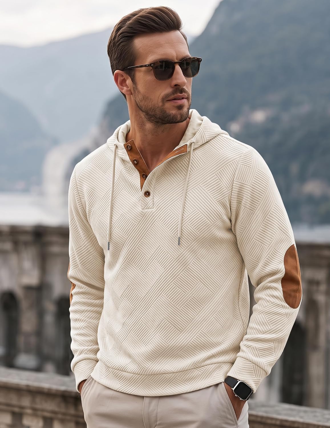 JMIERR Men's Cotton Textured Vintage Quarter-Button Casual Henley Hoodie