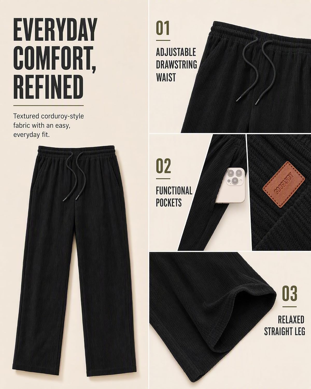 COOFANDY Men's Lightweight Corduroy Pants Relaxed Drawstring Sweatpants