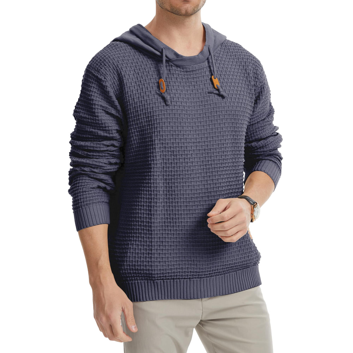 Mens Hooded Sweatshirt Casual Long Sleeve Drawstring Solid Knitted Hoodie Pullover Sweater