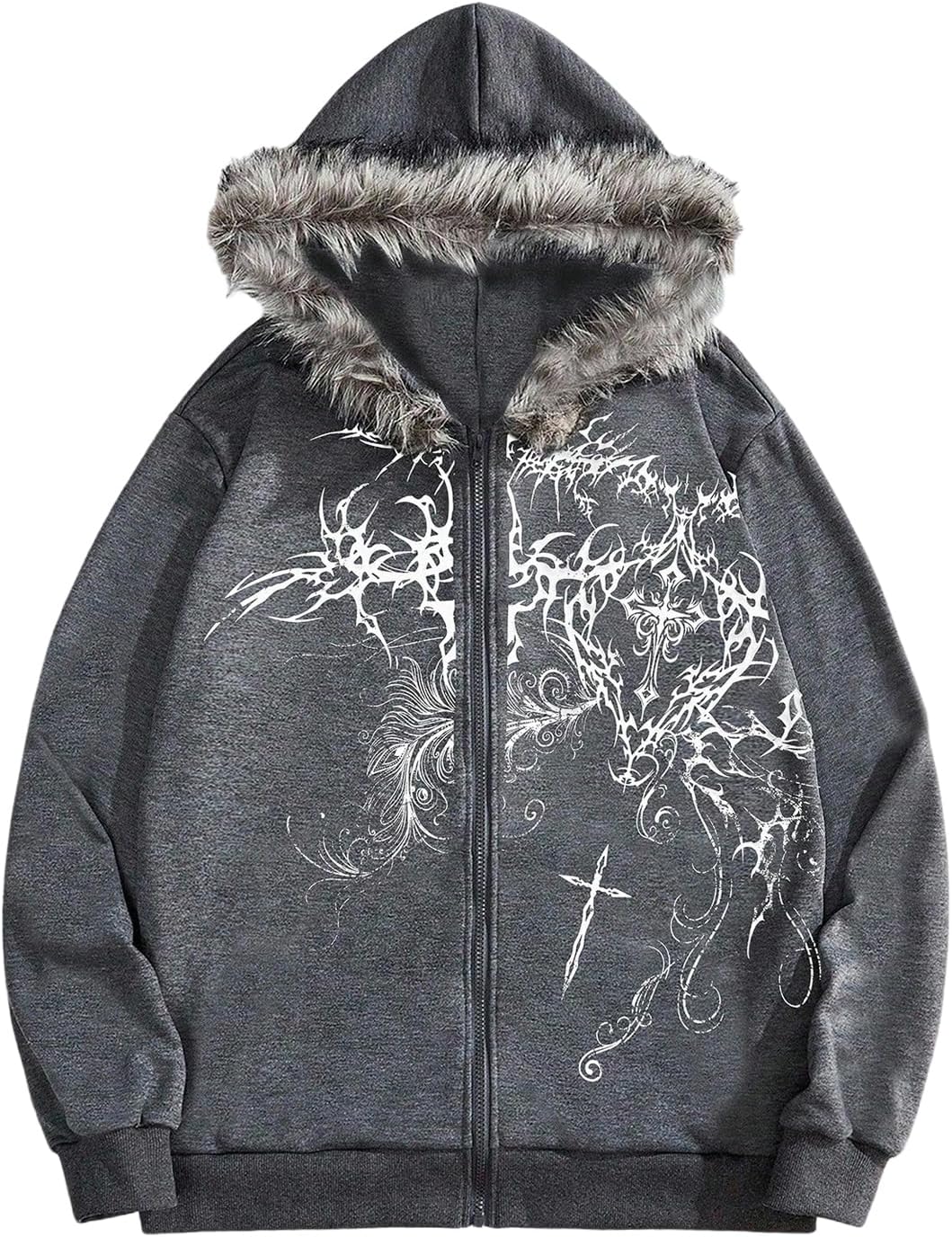 SOLY HUX Men's Y2K Grunge Zip Up Gothic Hoodie with Fur Hood