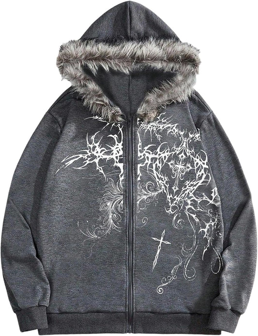 SOLY HUX Men's Y2K Grunge Zip Up Gothic Hoodie with Fur Hood