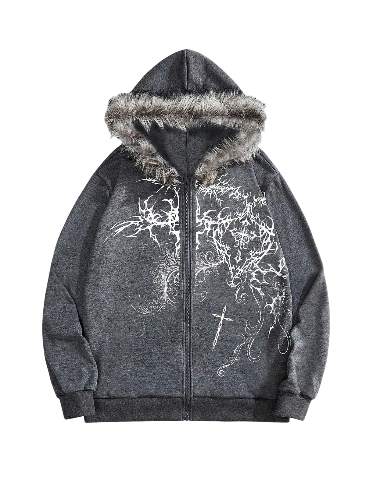 SOLY HUX Men's Y2K Grunge Zip Up Gothic Hoodie with Fur Hood