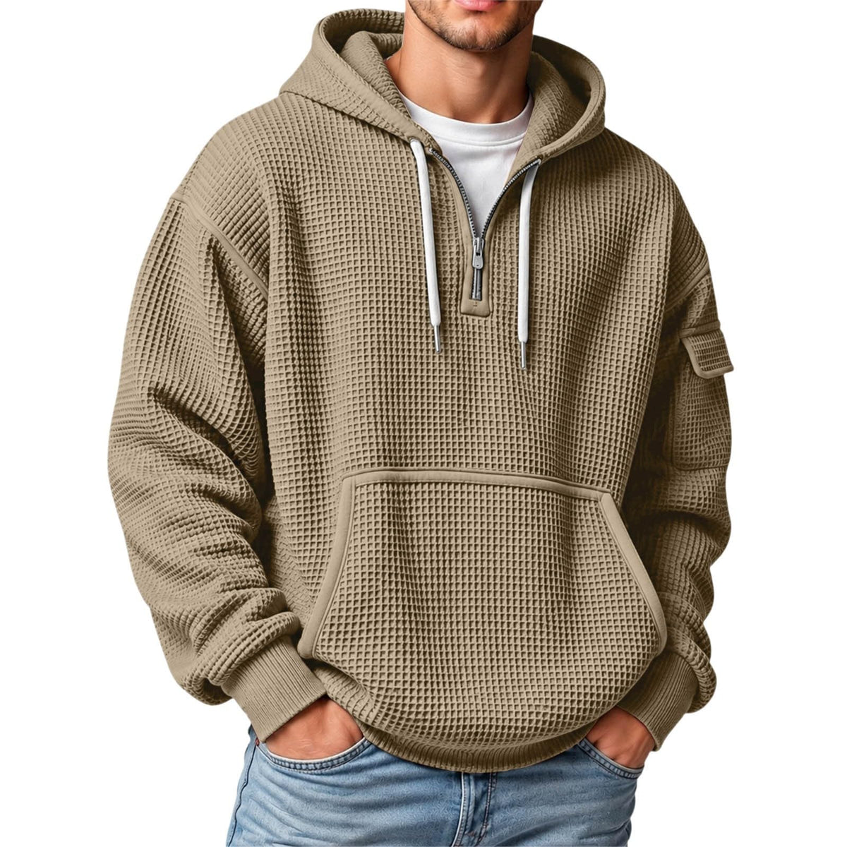 XS-5XL Men's Quarter Zip Hoodies Waffle Knit Pullover Long Sleeve Casual Sweatshirt Loose Fit Tops with Pockets