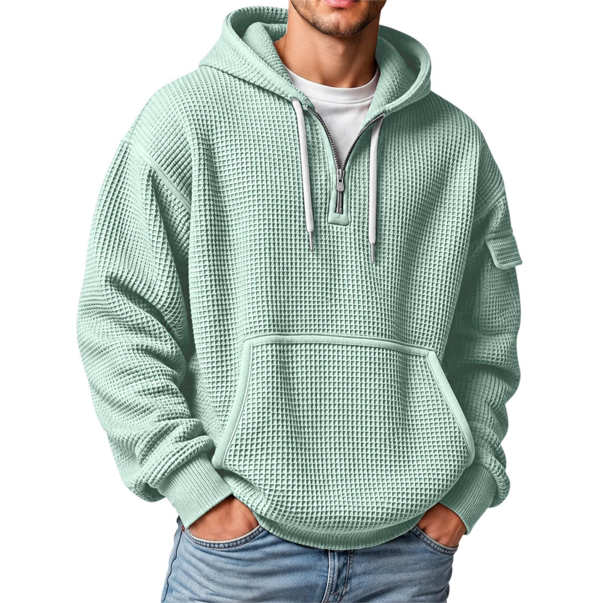 XS-5XL Men's Quarter Zip Hoodies Waffle Knit Pullover Long Sleeve Casual Sweatshirt Loose Fit Tops with Pockets