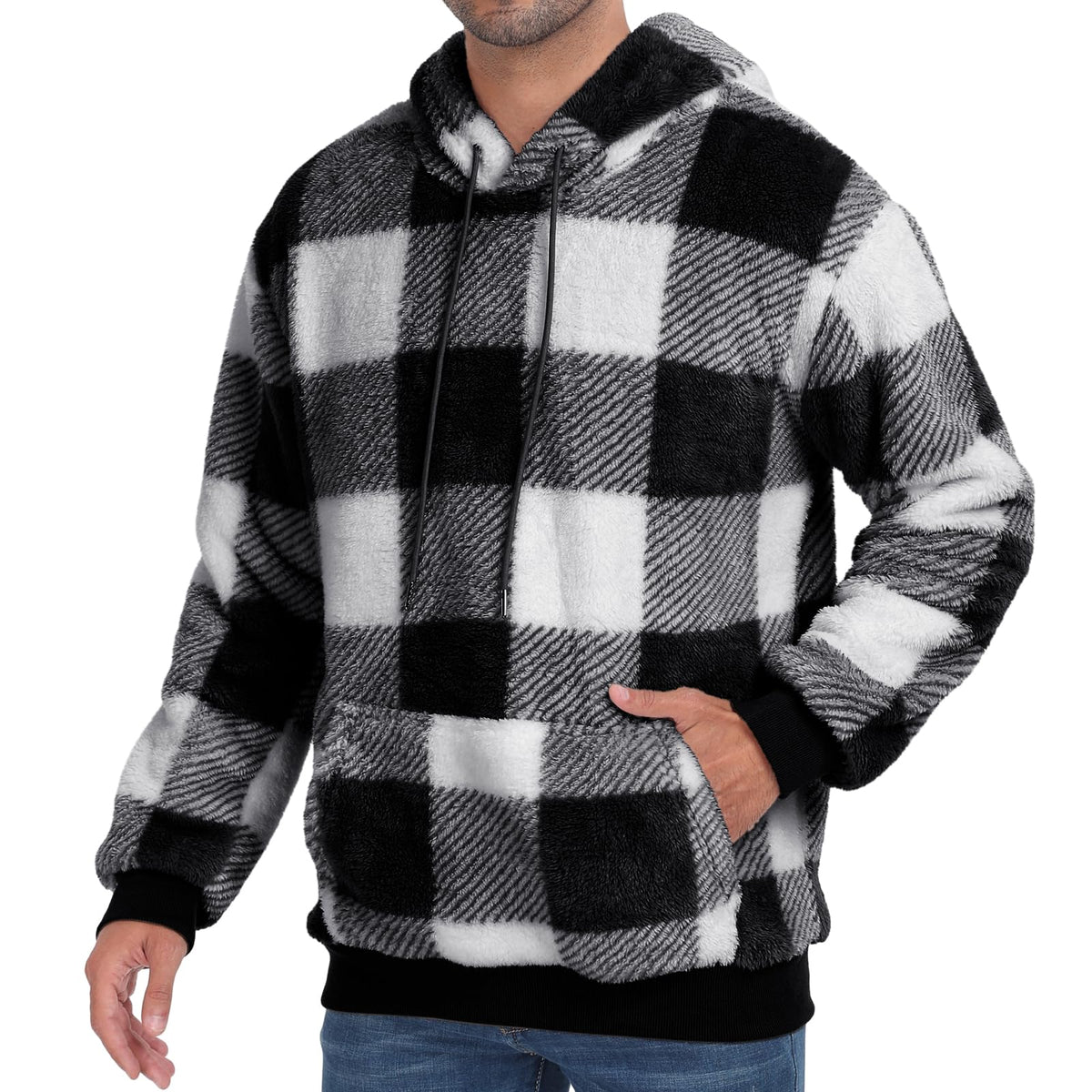 PEGENO Mens Fuzzy Sherpa Hoodie Pullover Sweatshirts Loose Cozy Pocket Long Sleeve Winter Hooded Outwear