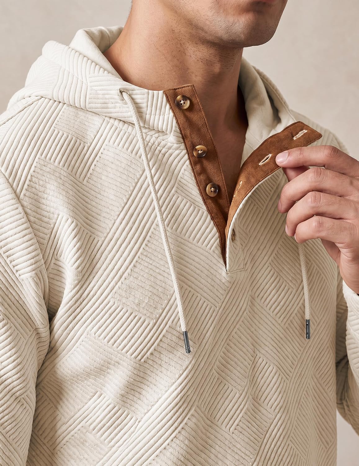 JMIERR Men's Cotton Textured Vintage Quarter-Button Casual Henley Hoodie