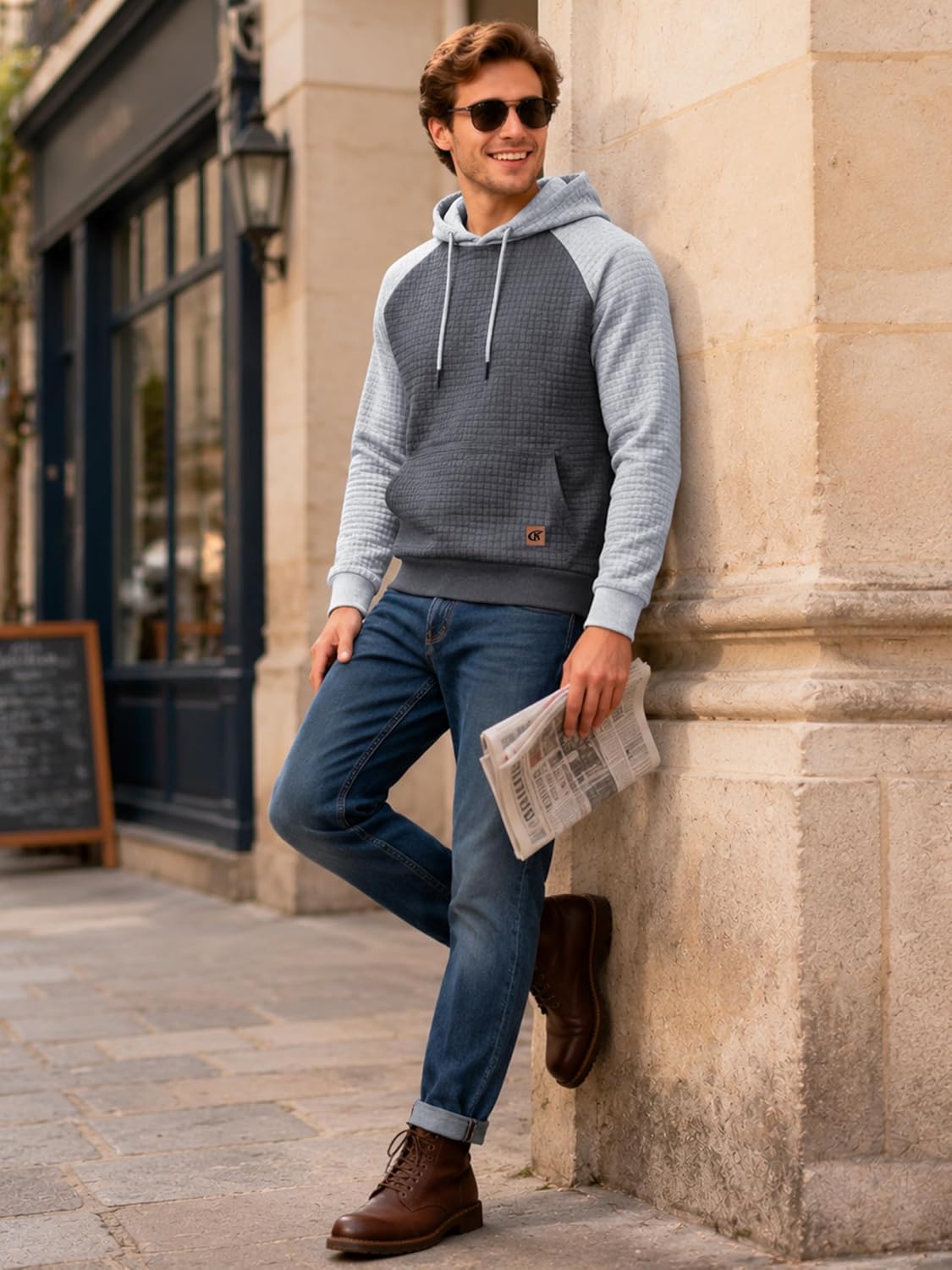 Yundobop Men's Pullover Hoodies Plaid Jacquard with Kangaroo Pocket
