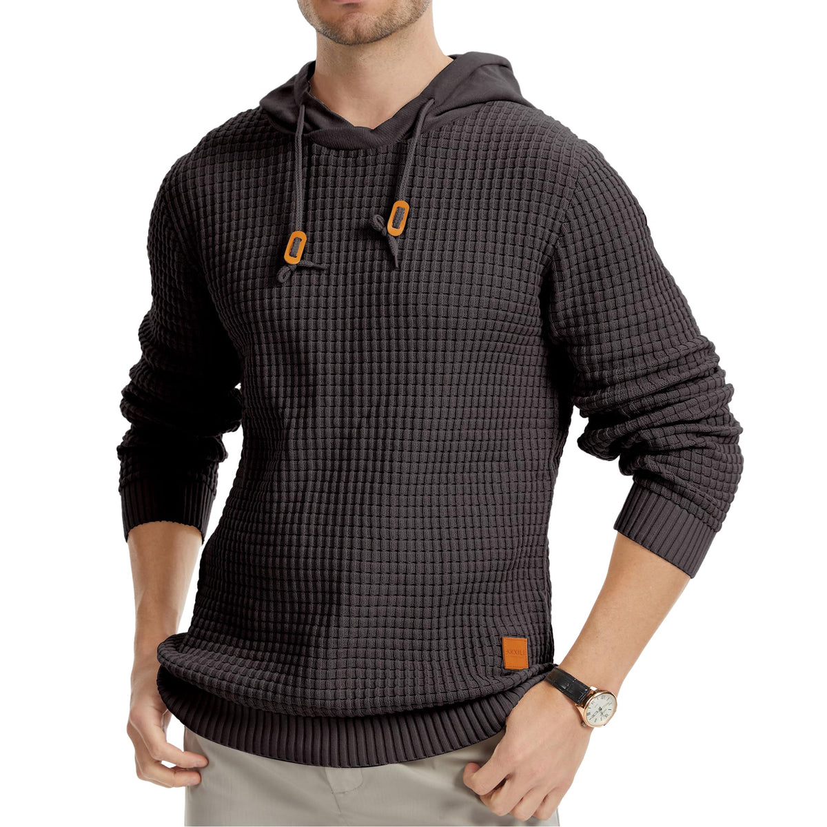 Mens Hooded Sweatshirt Casual Long Sleeve Drawstring Solid Knitted Hoodie Pullover Sweater