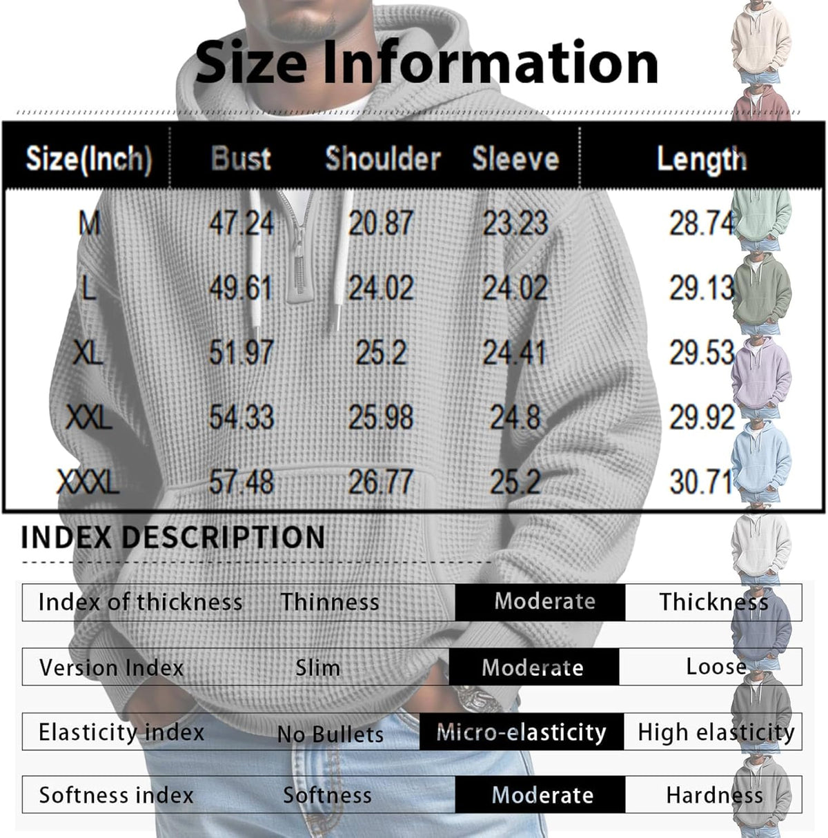 Waffle Knit Hoodie Men Quarter Zip Hoodie Men Comfort Pullover Fitness Long Sleeve Streetwear Sweatshirt