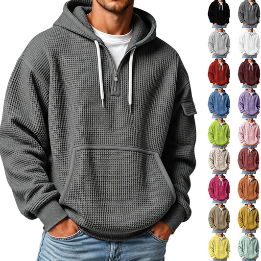 XS-5XL Men's Quarter Zip Hoodies Waffle Knit Pullover Long Sleeve Casual Sweatshirt Loose Fit Tops with Pockets