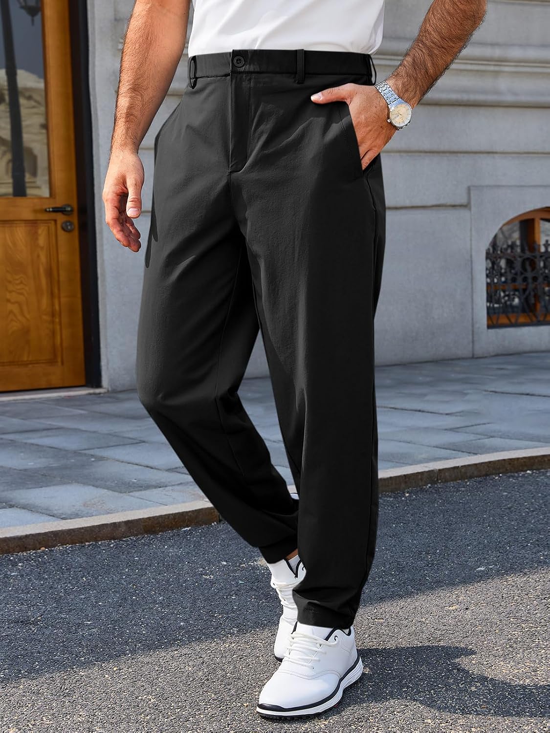 Runcati Mens Stretch Golf Pants Casual Slim Fit Cropped Work Dress Trousers