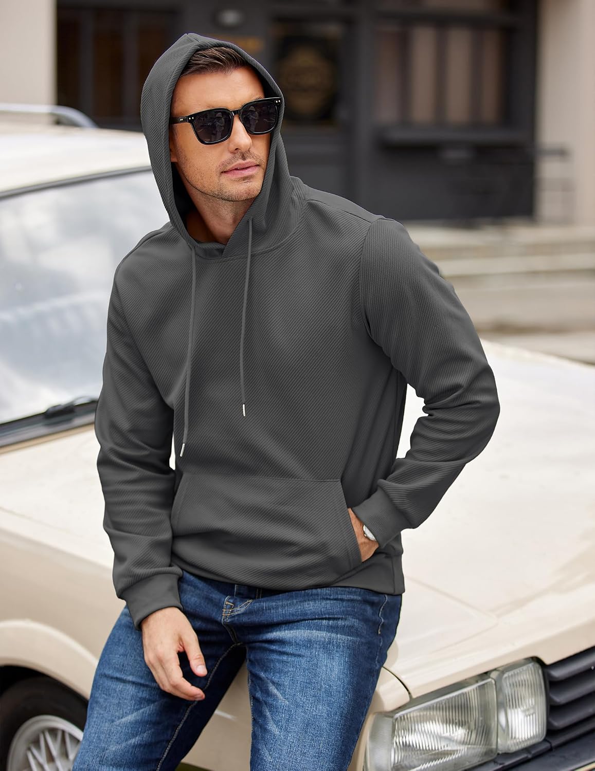 COOFANDY Men's Long Sleeve Hooded Sweatshirt Casual Lightweight Hoodies Pullover Textured Drawstring Hoodie with Kanga Pocket