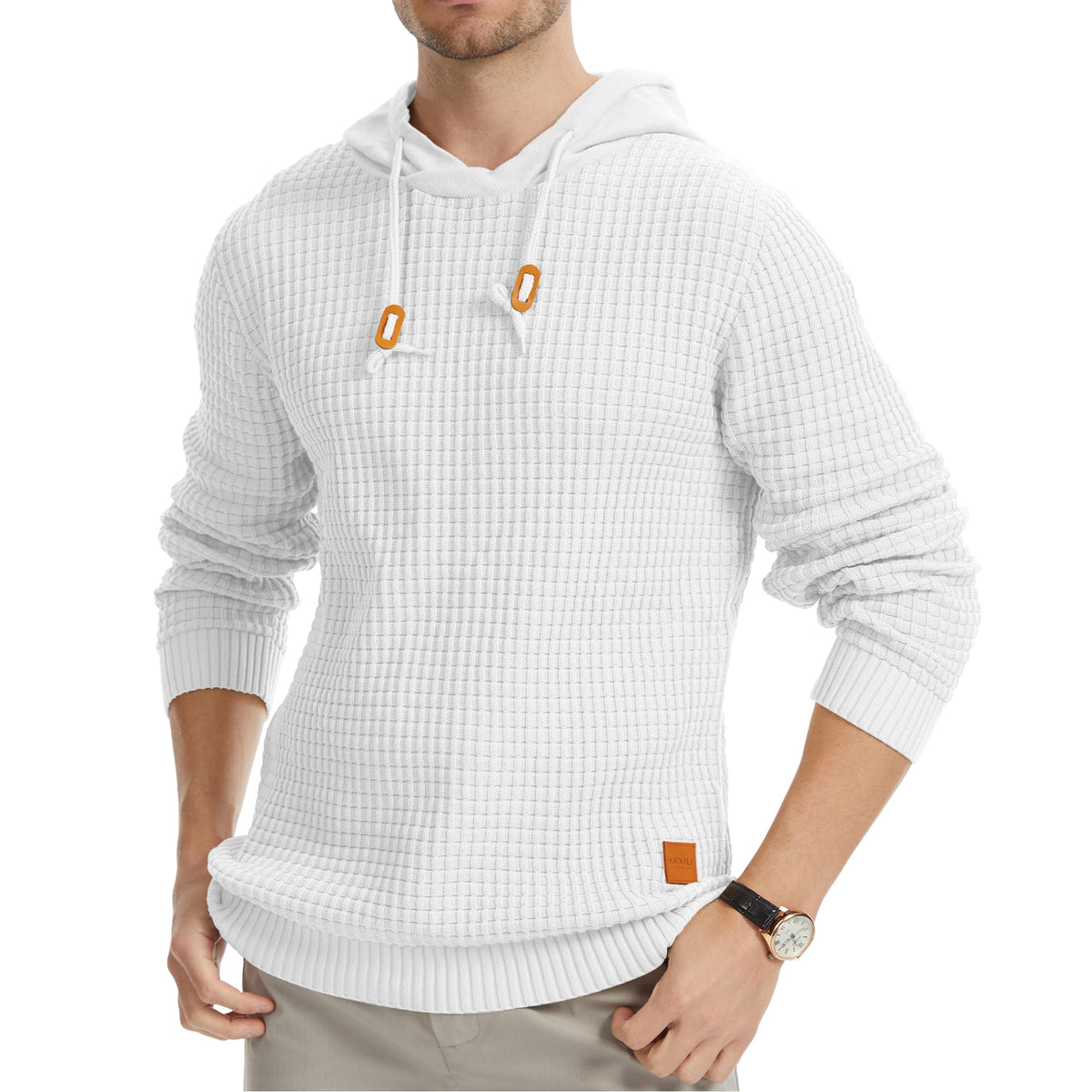 Mens Hooded Sweatshirt Casual Long Sleeve Drawstring Solid Knitted Hoodie Pullover Sweater