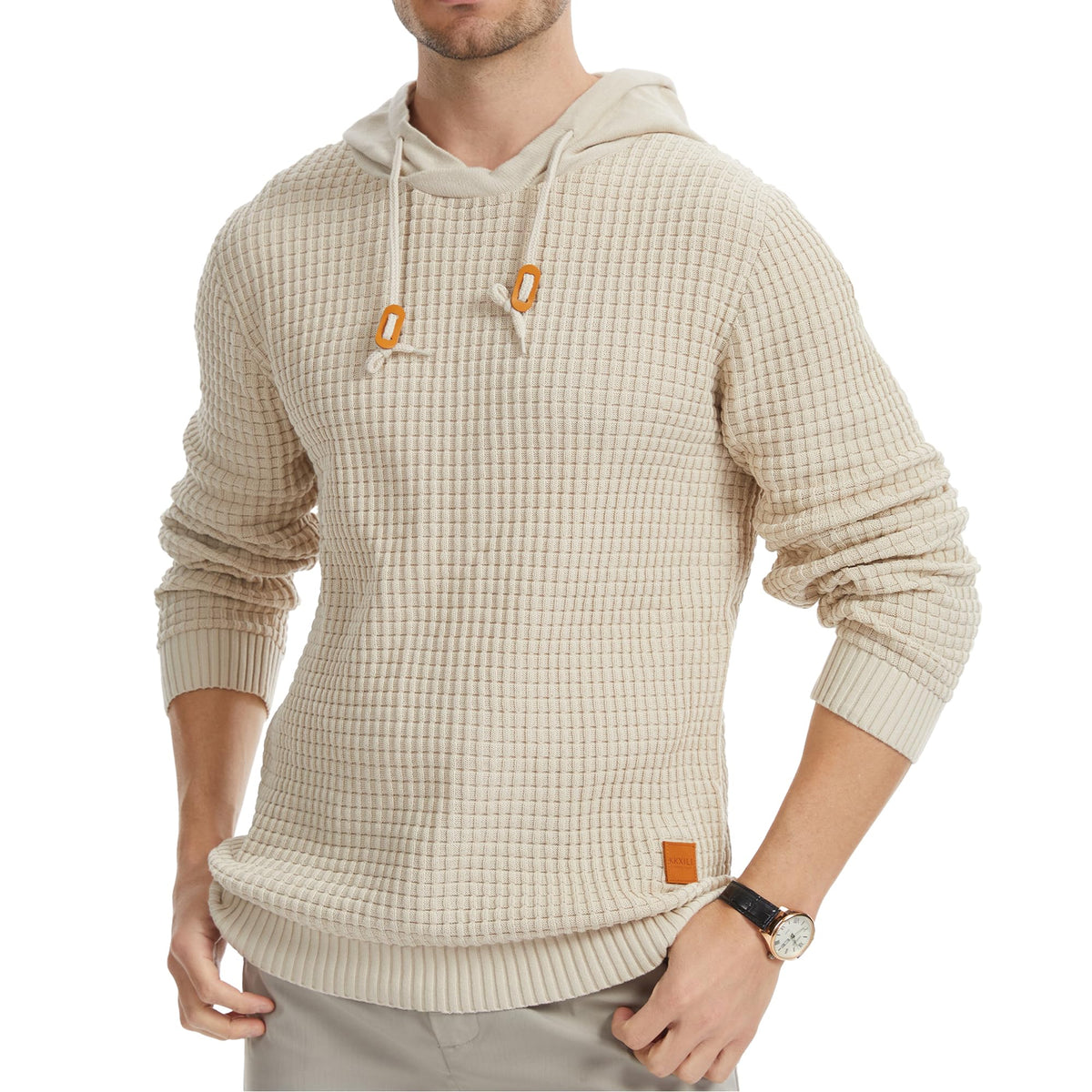 Mens Hooded Sweatshirt Casual Long Sleeve Drawstring Solid Knitted Hoodie Pullover Sweater