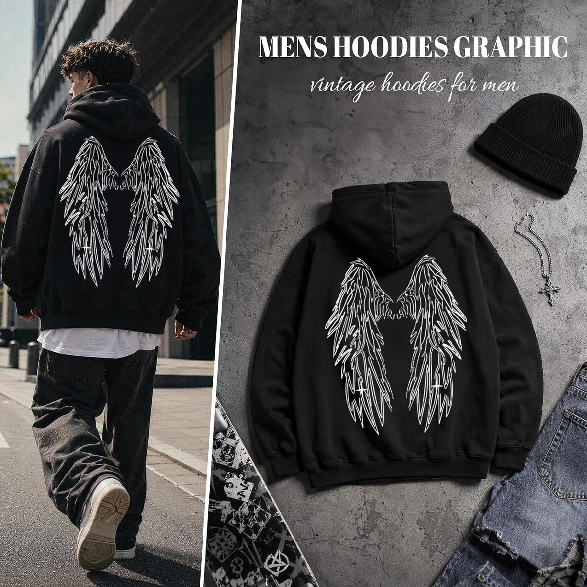 Mens Graphic Hoodies Streetwear Vintage Pullover Y2K Gothic Sweatshirts Angel Wings Casual Sweatshirt