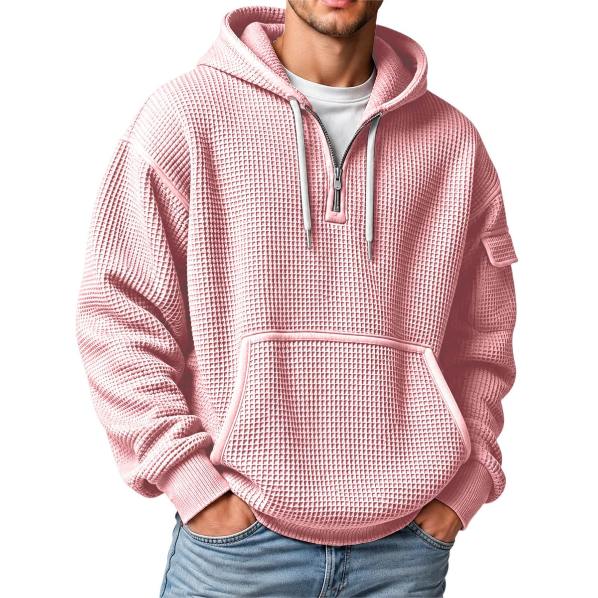 XS-5XL Men's Quarter Zip Hoodies Waffle Knit Pullover Long Sleeve Casual Sweatshirt Loose Fit Tops with Pockets
