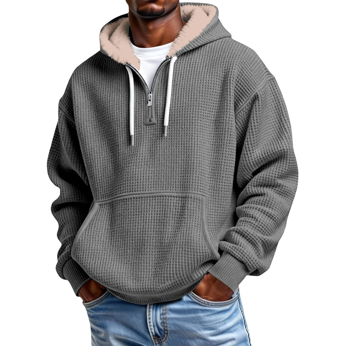 Mens Hoodies Pullover Quarter Zip Casaul Long Sleeve Drawstring Waffle Knit Hooded Sweatshirt with Pocket