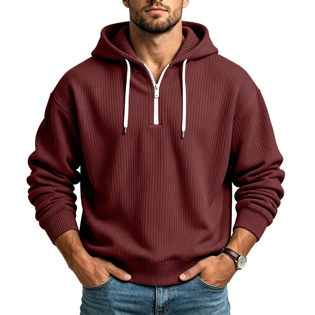 Corduroy Hoodies for Men Quarter Zip Pullover Sweatshirt