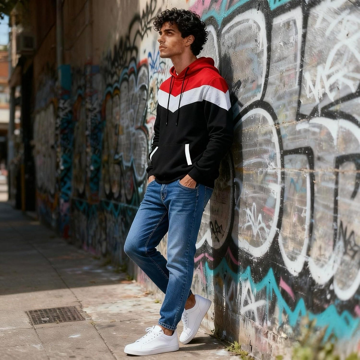 Men's Fashion Novelty Color Block Hoodies Long Sleeve Fleece Hooded Pullover Sweatshirts with Pockets