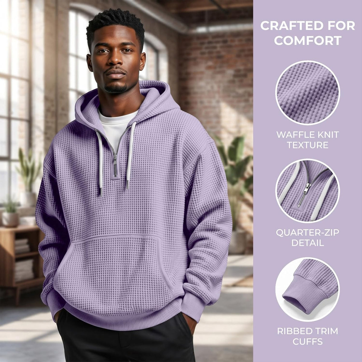 Waffle Knit Hoodie Men Quarter Zip Hoodie Men Comfort Pullover Fitness Long Sleeve Streetwear Sweatshirt