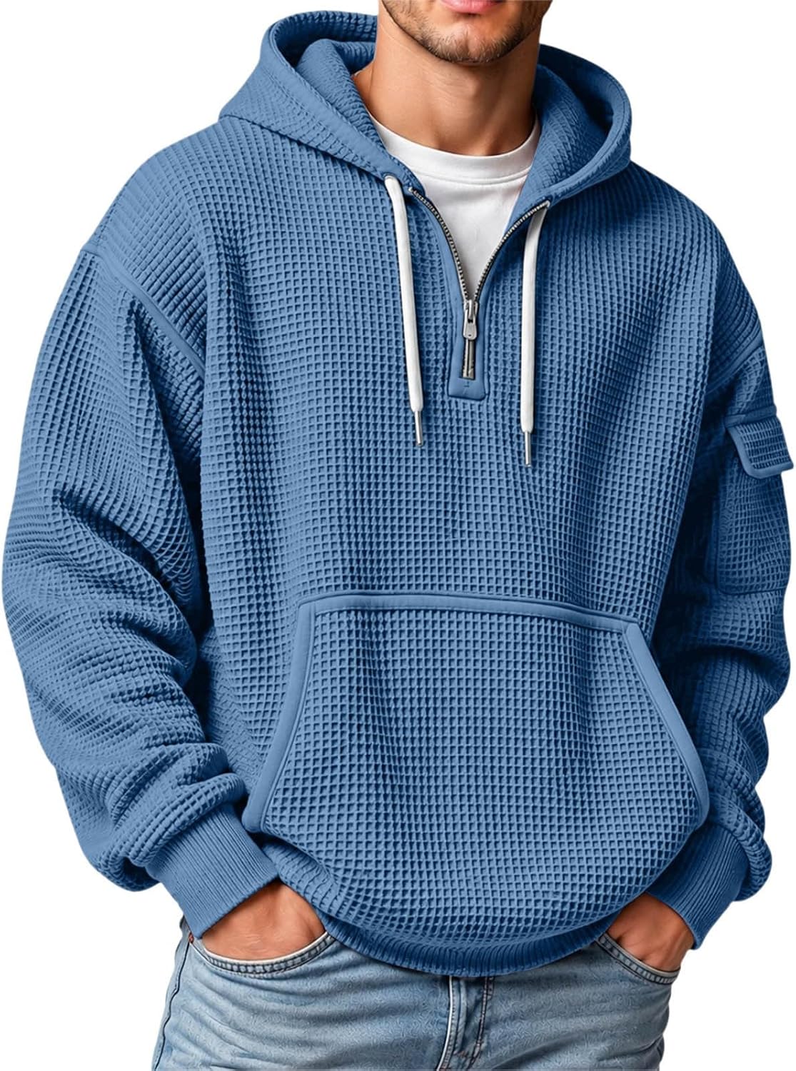 XS-5XL Men's Quarter Zip Hoodies Waffle Knit Pullover Long Sleeve Casual Sweatshirt Loose Fit Tops with Pockets
