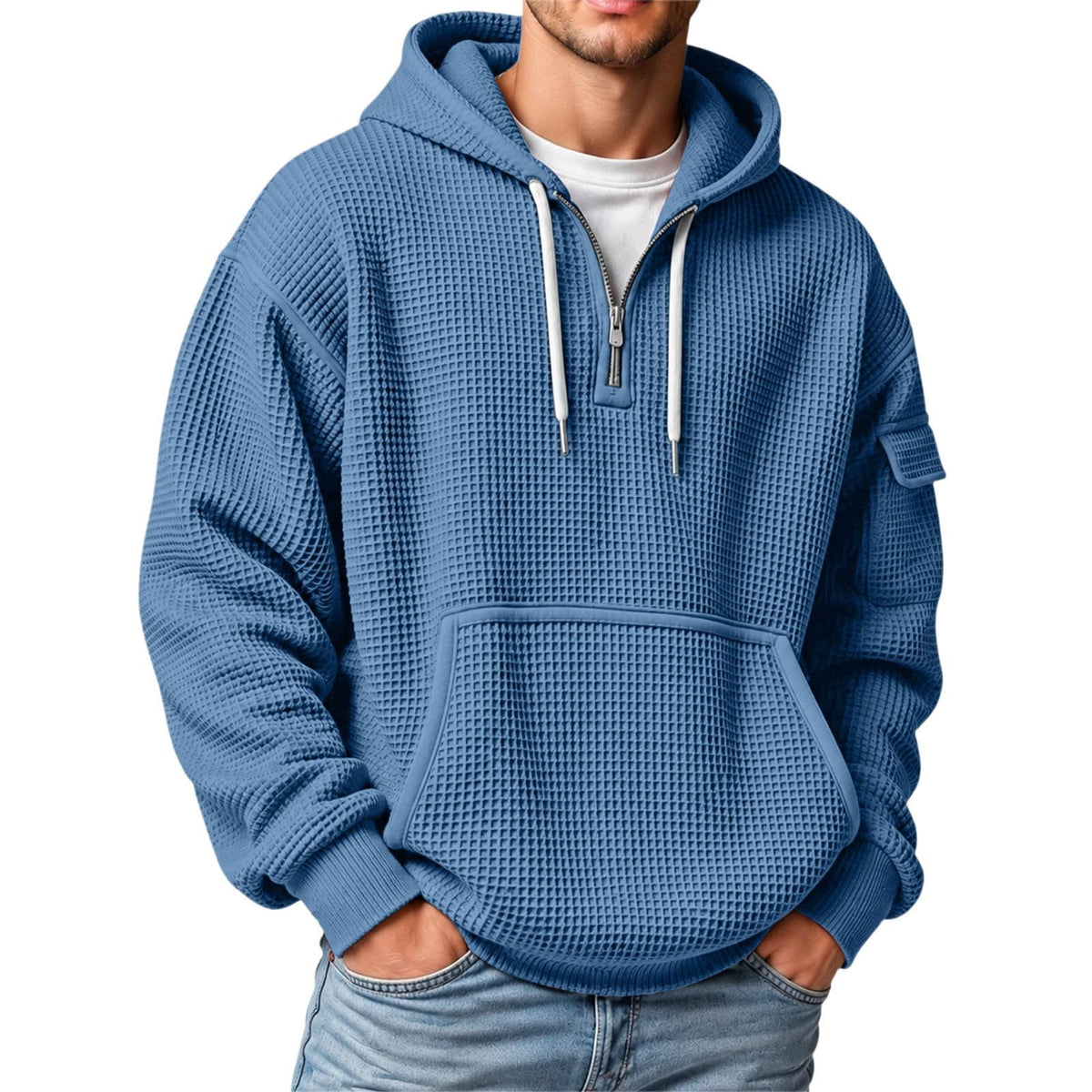 XS-5XL Men's Quarter Zip Hoodies Waffle Knit Pullover Long Sleeve Casual Sweatshirt Loose Fit Tops with Pockets