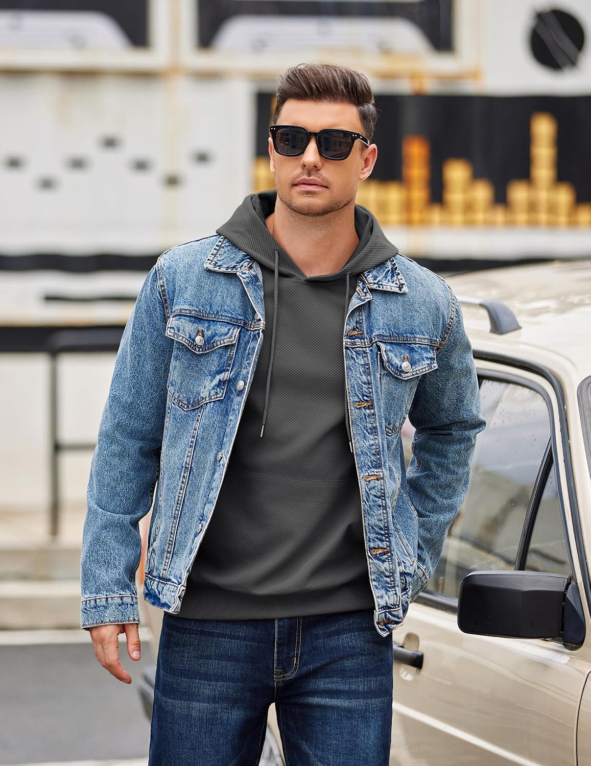 COOFANDY Men's Long Sleeve Hooded Sweatshirt Casual Lightweight Hoodies Pullover Textured Drawstring Hoodie with Kanga Pocket