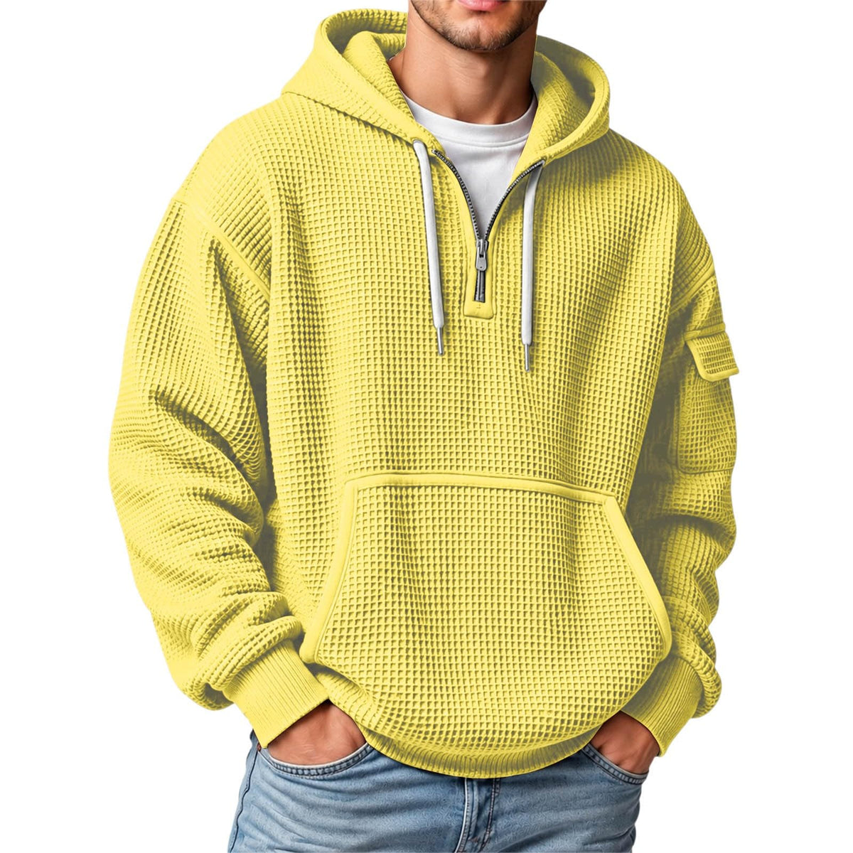 XS-5XL Men's Quarter Zip Hoodies Waffle Knit Pullover Long Sleeve Casual Sweatshirt Loose Fit Tops with Pockets