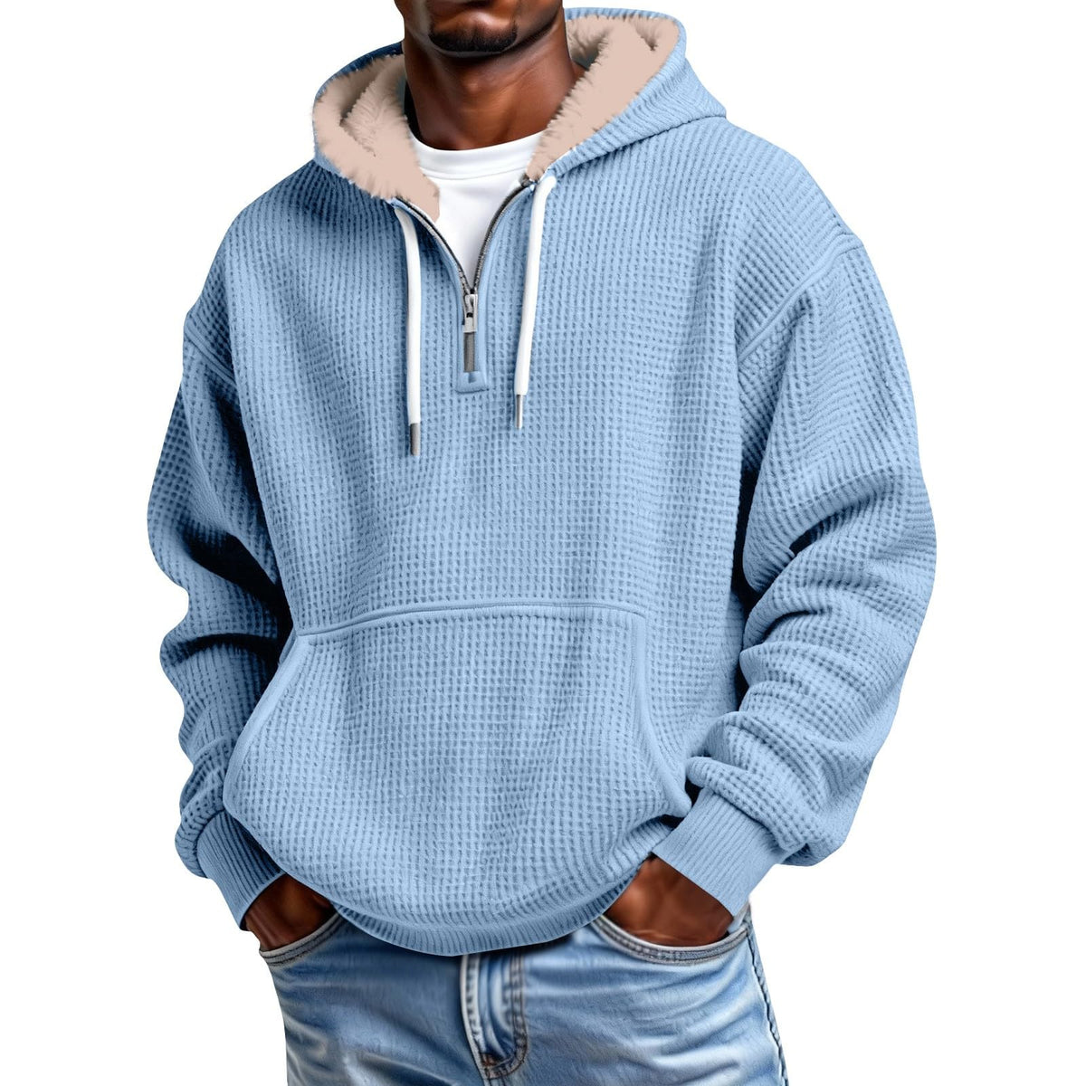 Mens Hoodies Pullover Quarter Zip Casaul Long Sleeve Drawstring Waffle Knit Hooded Sweatshirt with Pocket