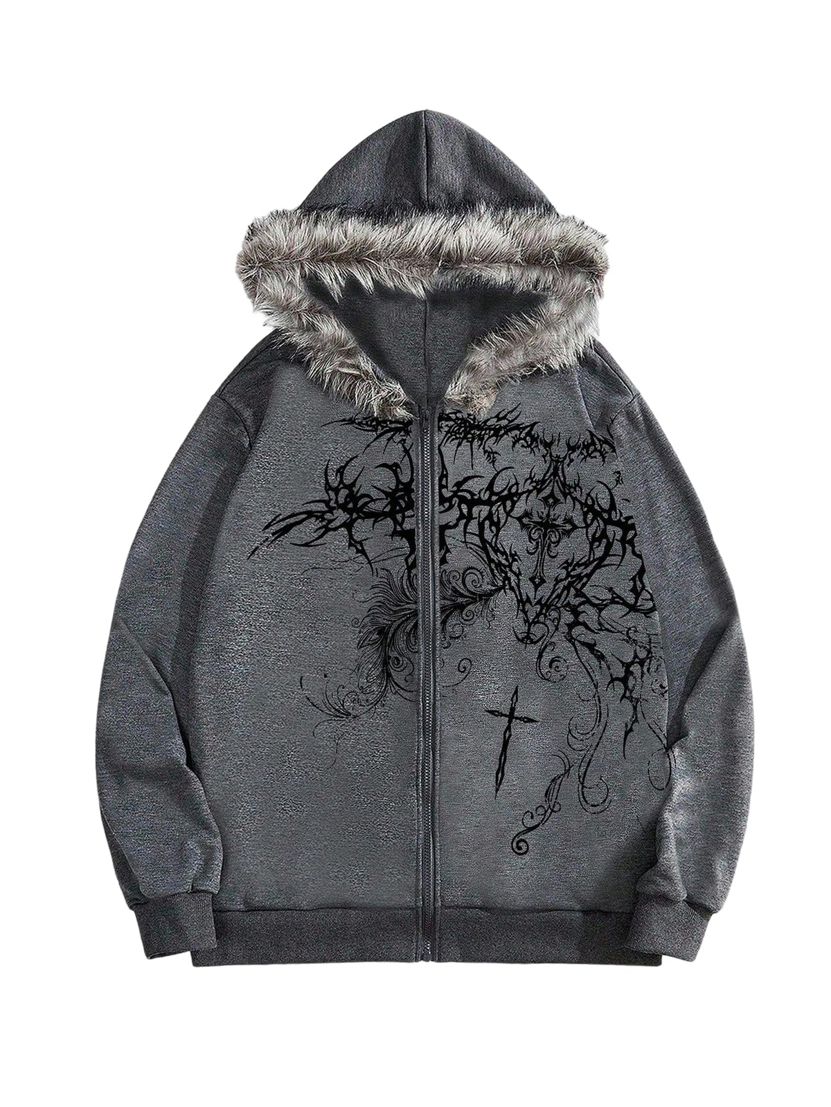 SOLY HUX Men's Y2K Grunge Zip Up Gothic Hoodie with Fur Hood
