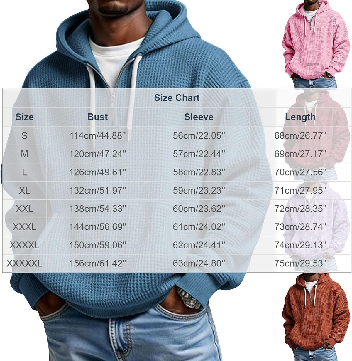 Hoodies for Men Waffle Quarter Zip Pullover Oversized Sweatshirt