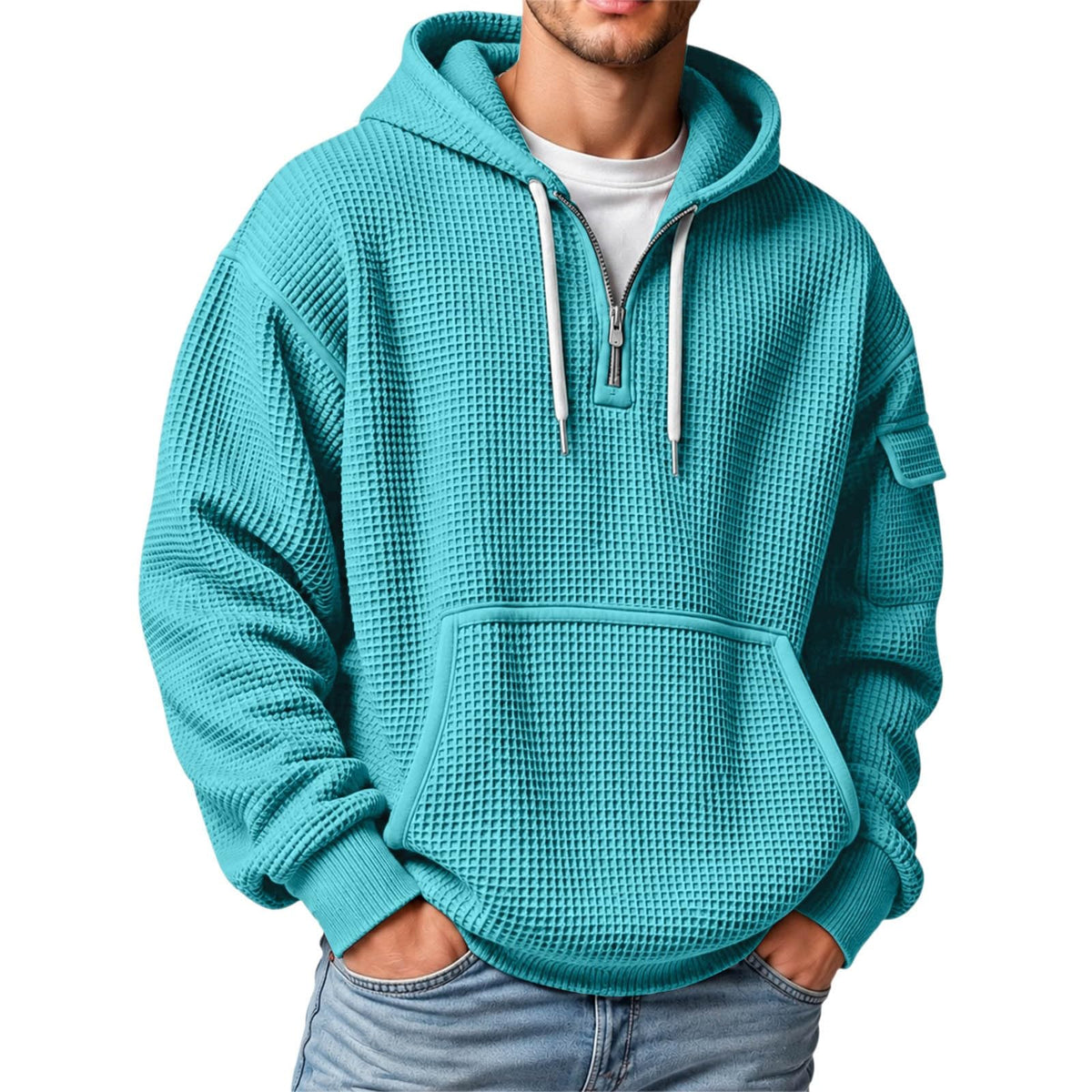 XS-5XL Men's Quarter Zip Hoodies Waffle Knit Pullover Long Sleeve Casual Sweatshirt Loose Fit Tops with Pockets