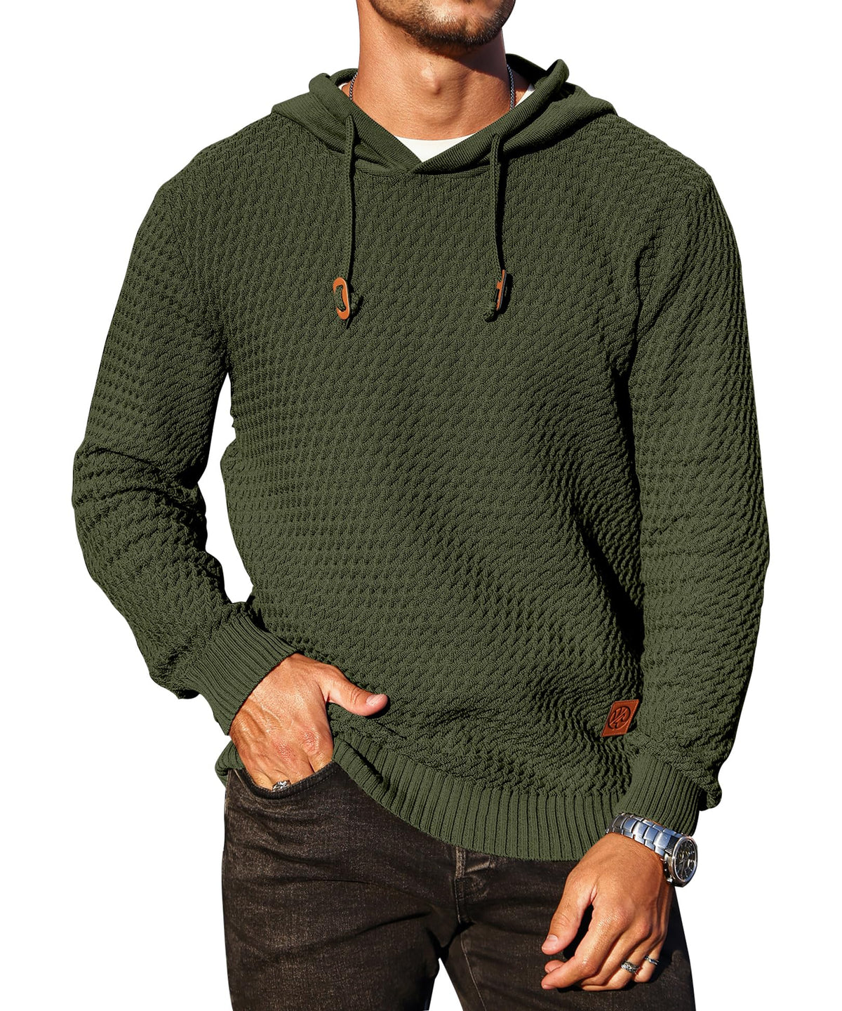 Men's Hoodie Pullover Casual Solid Waffle Knit Hooded Sweatshirt