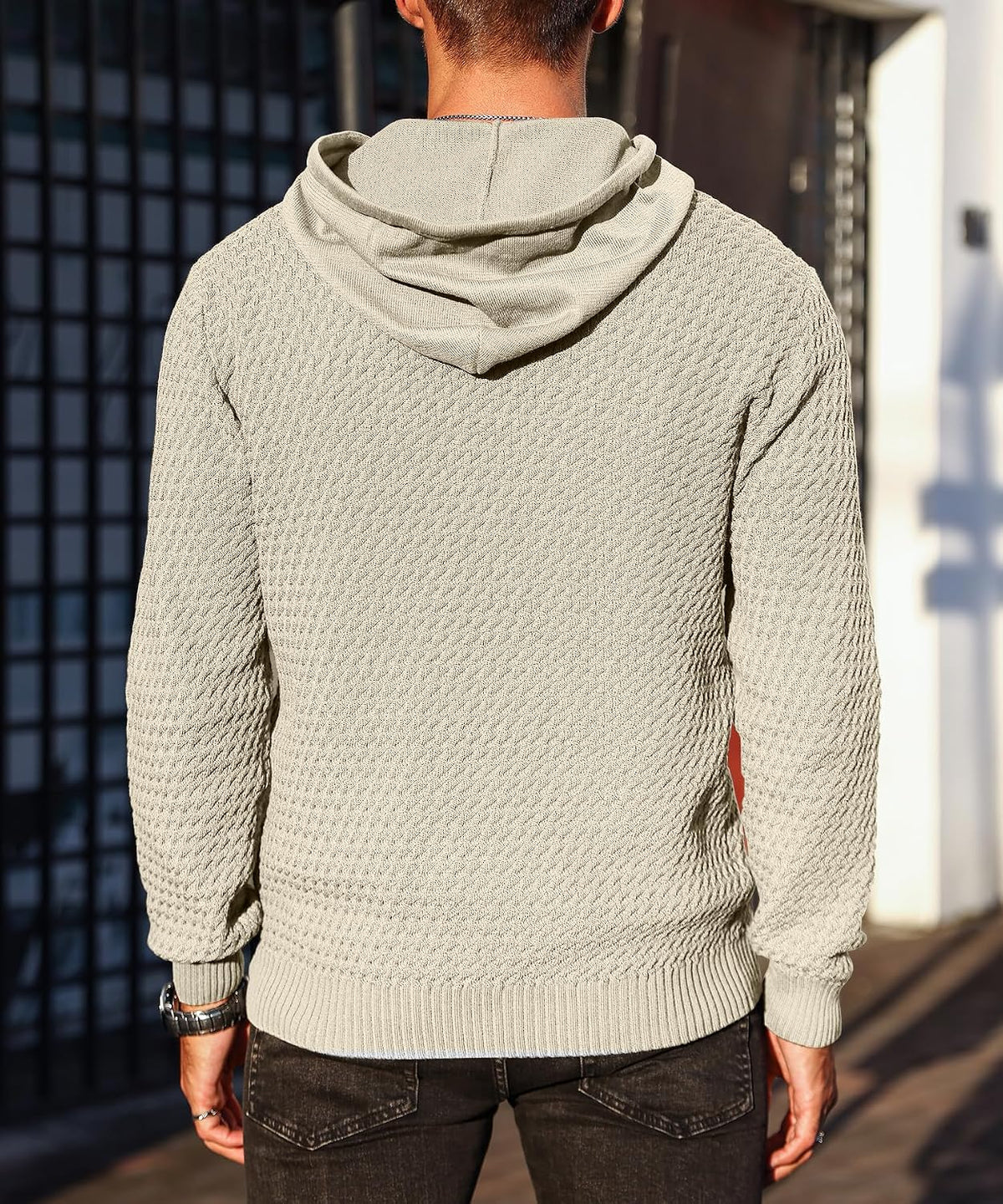 Men's Hoodie Pullover Casual Solid Waffle Knit Hooded Sweatshirt