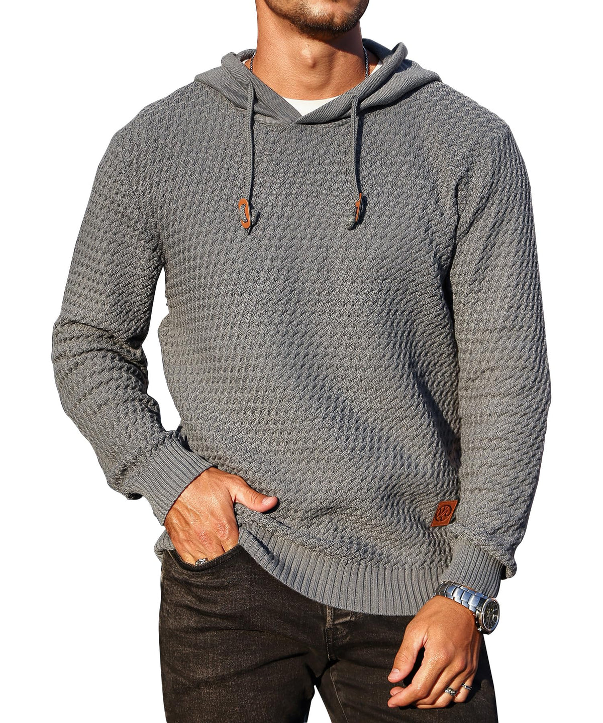 Men's Hoodie Pullover Casual Solid Waffle Knit Hooded Sweatshirt
